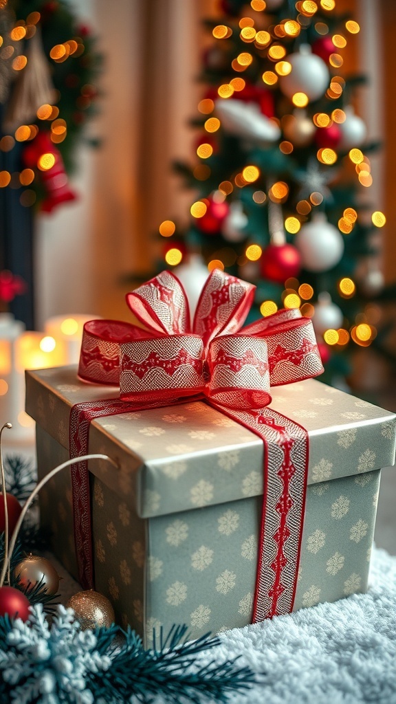 A festive Christmas gift box with a bow in a cozy living room with a decorated tree.